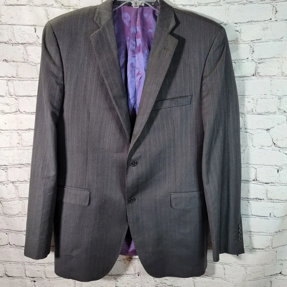 Saks Fifth Avenue RED Blazer Men 44L Grey Ermenegildo Zegna Silk Wool Italy Trim